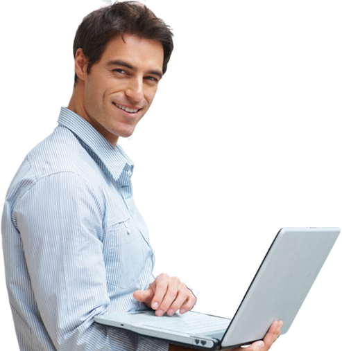 Welcome To Direct English - Man With Pc Png (493x507), Png Download