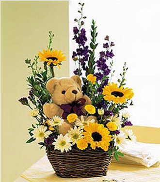 Cute Angle Flower Bunch - Teddy Bear And Flowers In A Basket (500x375), Png Download