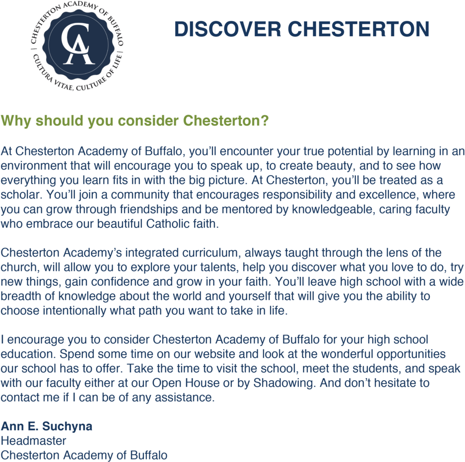 Discover Chesterton Letter - Chesterton Academy Of Buffalo (1000x959), Png Download