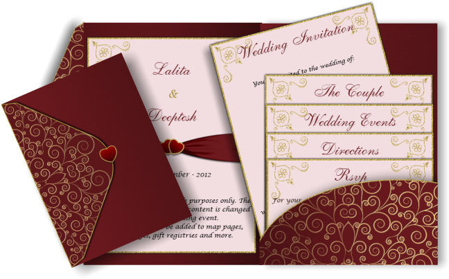Red And Gold Card With Love Heart Detail - Dark Red Wedding Card (670x426), Png Download