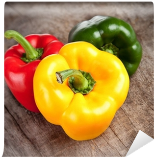 Colored Bell Peppers On Wooden Table Wall Mural • Pixers® - Fruits And Vegetables Website Template (400x400), Png Download