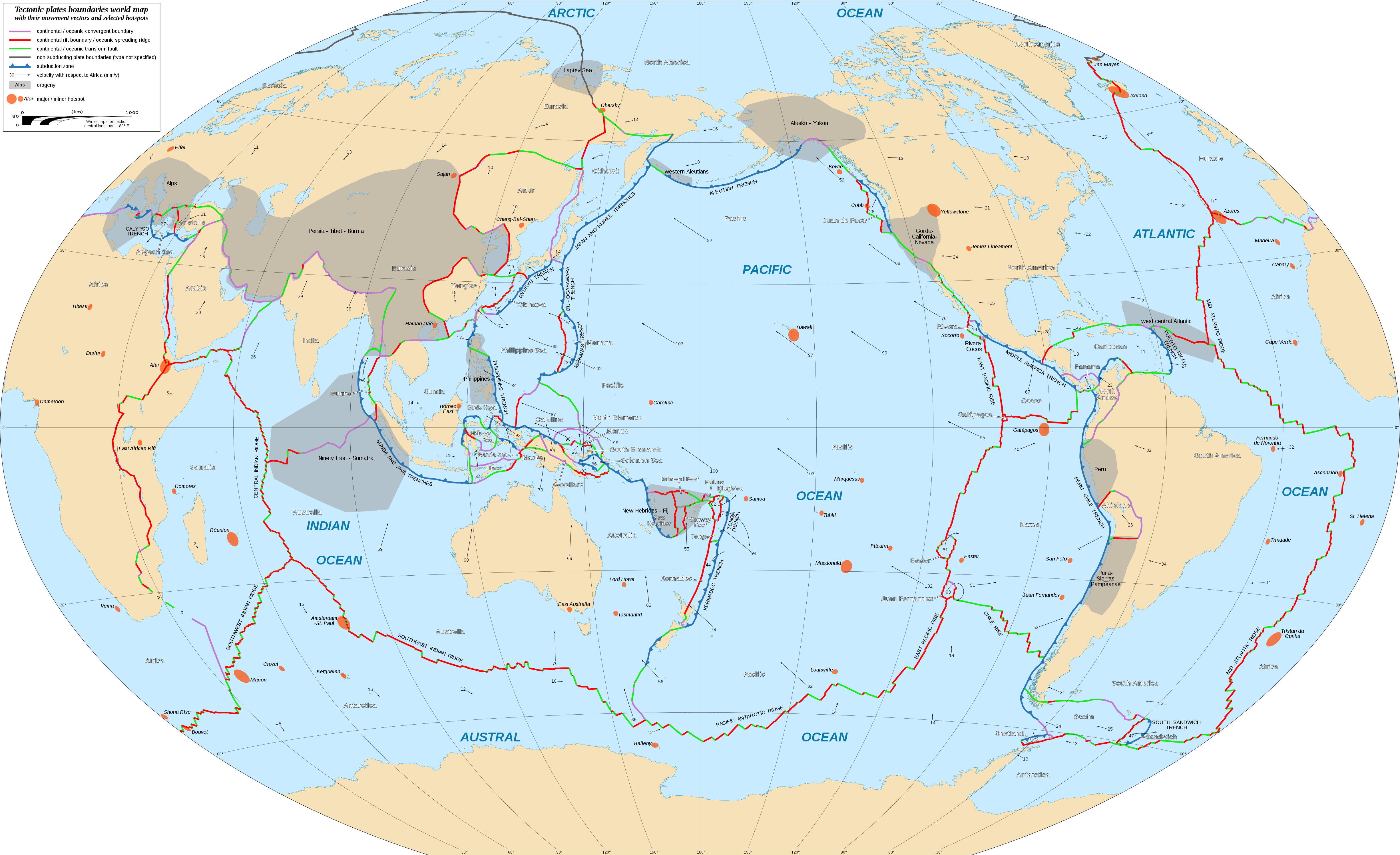 Tectonic Plates Boundaries World Map Wt 180dege Centered-en - Map (4903x2996), Png Download