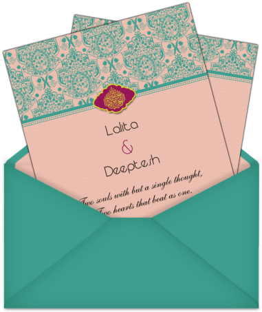 Peach And Turquoise Color E-wedding Invitation With - Peach And Turquoise Wedding Invitations (406x471), Png Download