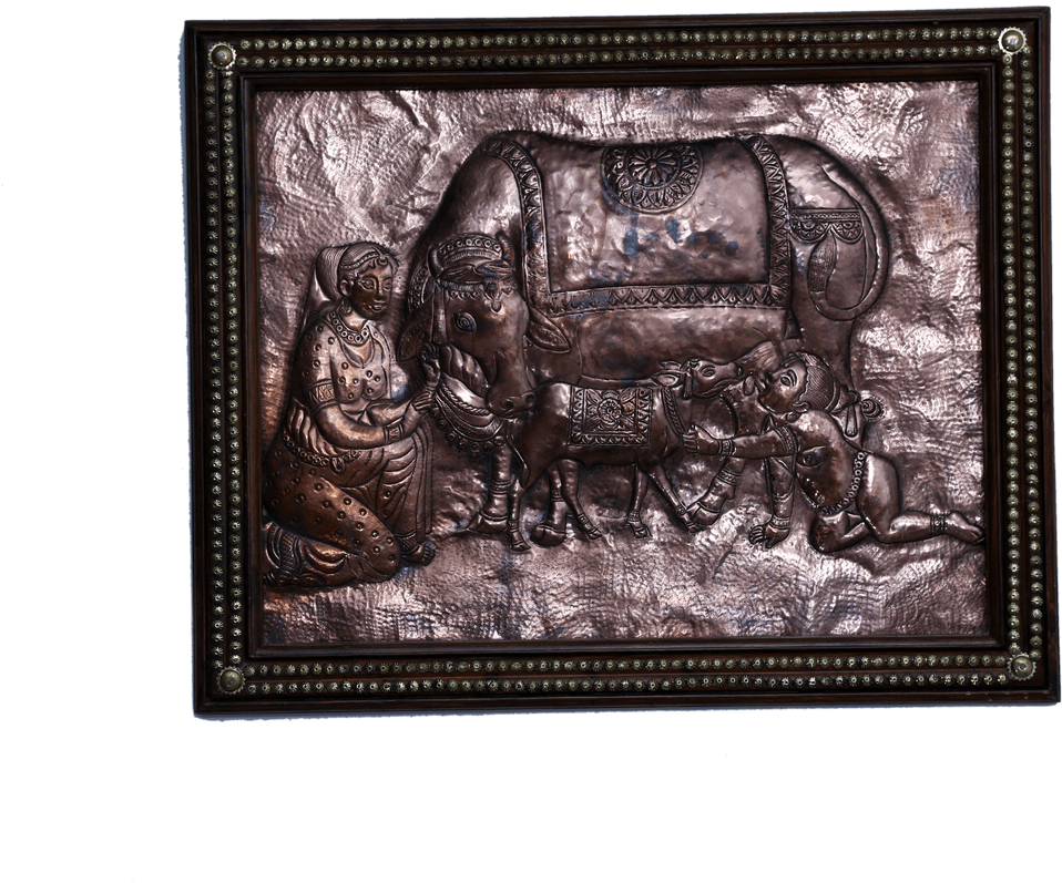 Copper Art Vastu Yashoda Krishna With Cow With Woodenframe - Krishna (1368x912), Png Download