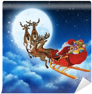 Santa Claus On Reindeer Flying Through The Sky Wall - Święty Mikołaj I Renifery (400x400), Png Download