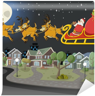 Santa Claus On Sleigh With Reindeer Flying Over Suburb - Rysunek Mikołaja W Saniach (400x400), Png Download
