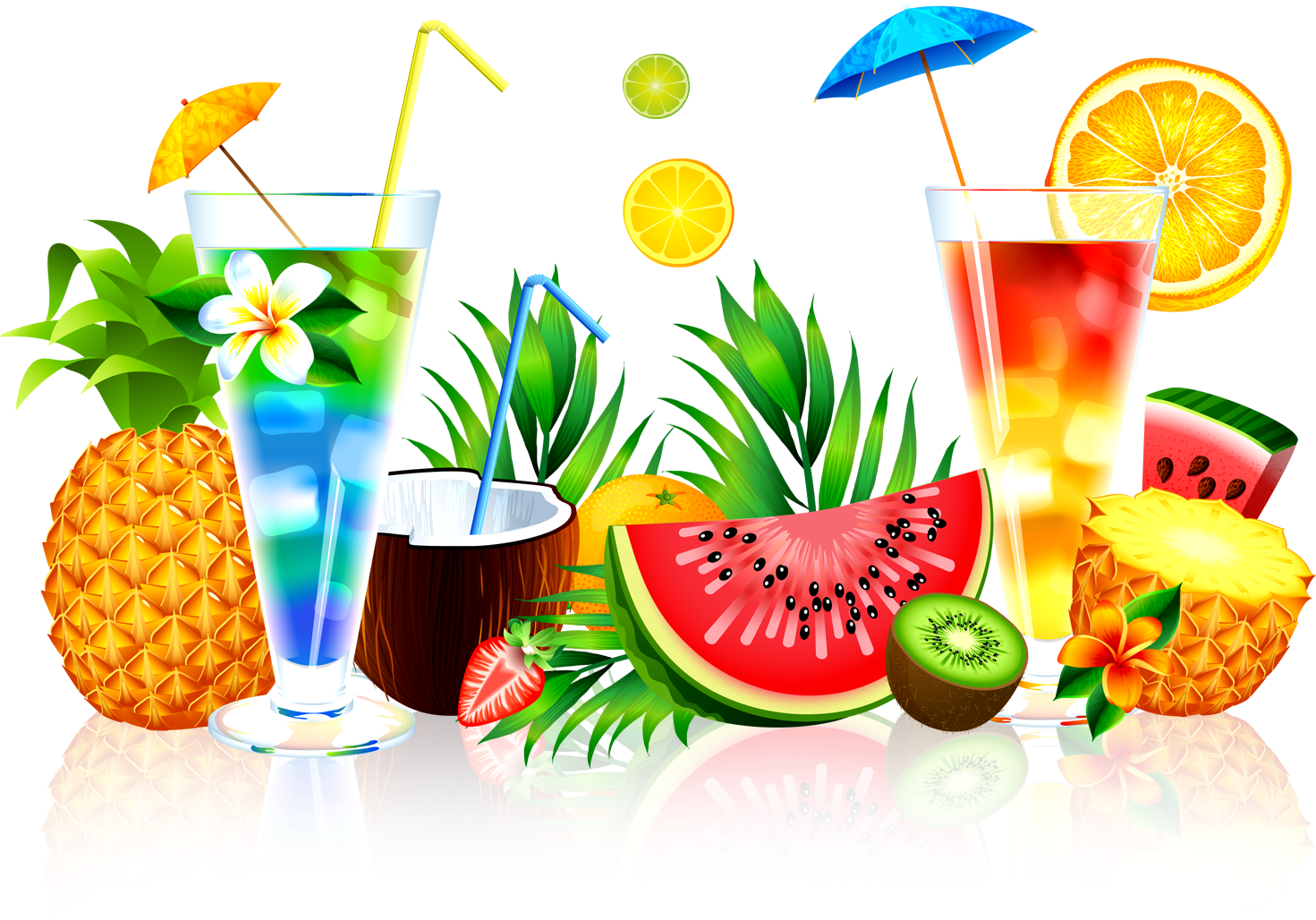 Picture Transparent Juice Watermelon Pineapple Summer - Fruit On Beach Png (1483x1519), Png Download
