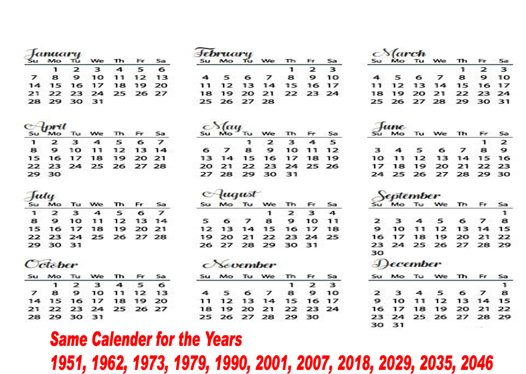 Same Calender For The Years 1951, 1962, 1973, 1979, - 1990 To 2018 How Many Years (1024x768), Png Download