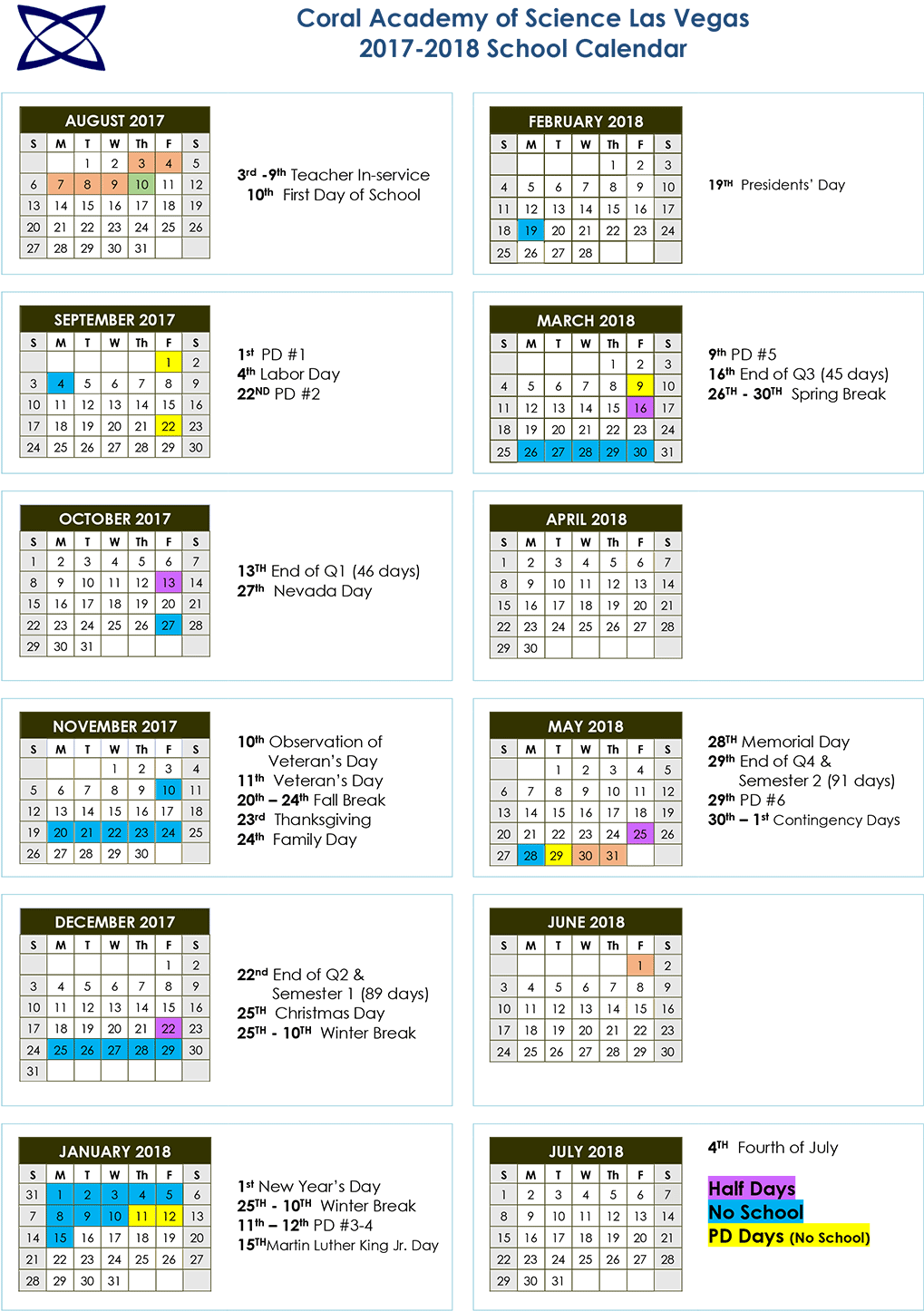 Caslv Academic Calendar 2017-2018 - Coral Academy Of Science Las Vegas (1024x1511), Png Download