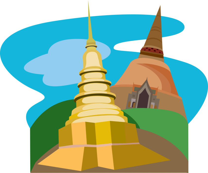 Vector Illustration Of Buddhist Phrathat Hariphunchai - Temple Thai Clipart Png (839x700), Png Download