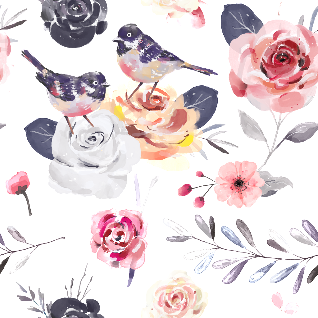 Hand Painted Gray Bird In Flower Cluster Background - Wallpaper (1024x1024), Png Download