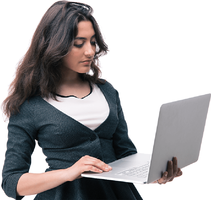 Lady Contacting E-gmat Support On Her Laptop<br - Lady With Laptop India Png (900x853), Png Download