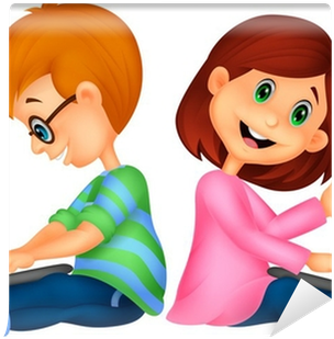 Happy Boy And Girl Operating Laptop Wall Mural • Pixers® - Girl With Laptop Cartoon (400x400), Png Download