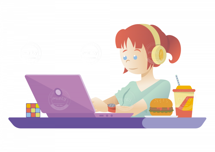A Freelance Girl Working On Her Computer Drinking Juice - Music (750x530), Png Download
