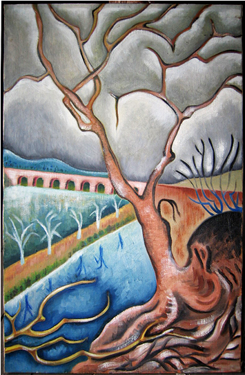 Bridge And Tree - Painting (700x541), Png Download