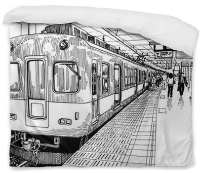 Japan Metro Train Station Platform In Osaka Drawing - Train Station Drawing (400x400), Png Download