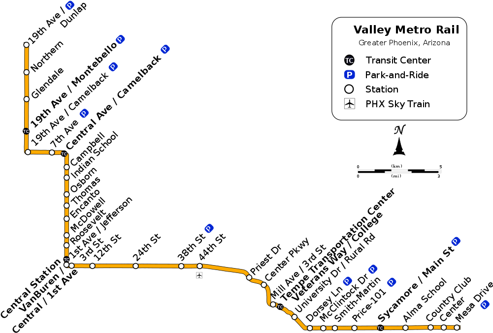 The Valley Metro Light Rail System Map Showing All - Phoenix Light Rail Map 2017 (1000x703), Png Download