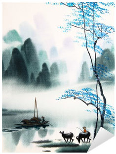Chinese Landscape Watercolor Painting Sticker • Pixers® - Chinese Landscape Watercolor (400x400), Png Download