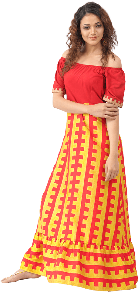 Bahubali 2 Red & Yellow Printed Rufescent Dress - Bahubali Dress (640x1060), Png Download