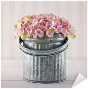 Pink Hydrangea Flowers In A Metal Bucket Sticker • - Toile Imprimée Fleurs 16 X 16 Cm. Seau Gris Et Fleurs (400x400), Png Download