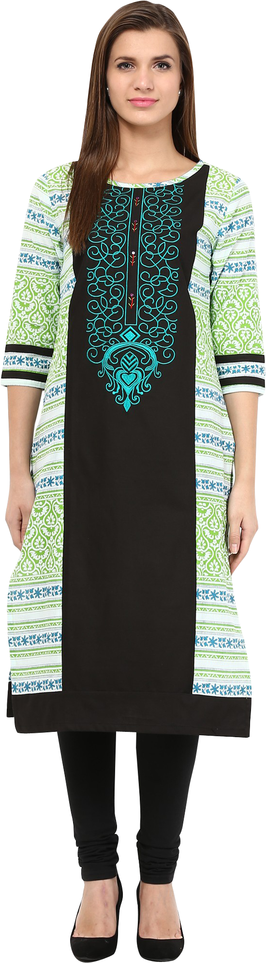 Feather Satin Embroidered Yoke Black Kurti - Kurta (1200x2000), Png Download