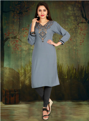 Indijoy Women's Rayon Straight Kurti With Embroidery-grey - Embroidery (500x500), Png Download