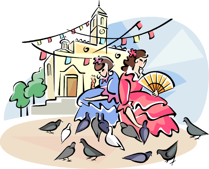 Vector Illustration Of Spanish Girls Feeding The Pigeon - Cartoon (866x700), Png Download