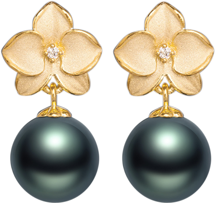 Tahitian Pearl And Diamond Orchid Earrings In Yellow - Pearl Earring At Png (488x487), Png Download