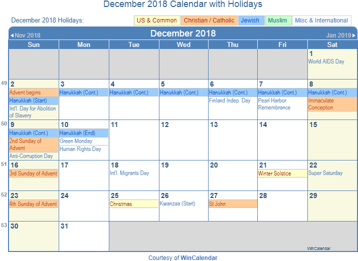 December 2018 Printable Calendar With Us Holidays - January 2019 Calendar With Holidays (720x534), Png Download