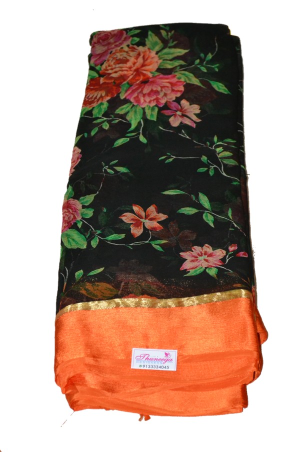 Look Your Ethnic Best With This Printed Black Colored - Sari (602x904), Png Download