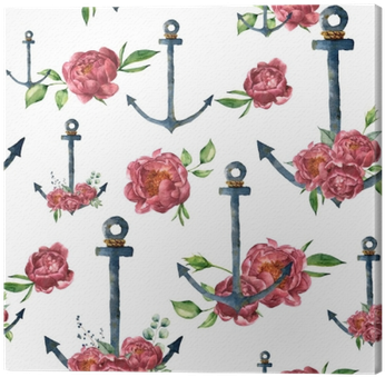 Watercolor Pattern With Vintage Anchor And Peony Flower - Illustration (400x400), Png Download