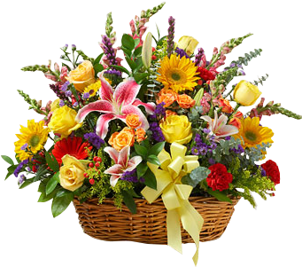 Country Roads Sympathy Basket In Houston, Tx - Flowers: Bright Flower Sympathy Arrangement In Basket (345x378), Png Download