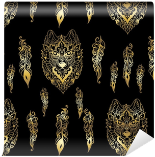 Seamless Pattern With Wolf And Feathers In Ethnic Style - Wallpaper (400x400), Png Download