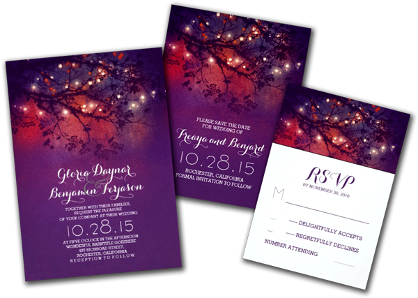 Rustic Tree Branches Purple String Lights Wedding Invitation - Romantische Schnur Beleuchtet Tafel Save The Date Postkarte (600x427), Png Download