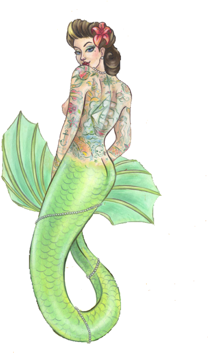 Mermaid Tattoo - Mermaid Pinup Tattoo Art (485x750), Png Download
