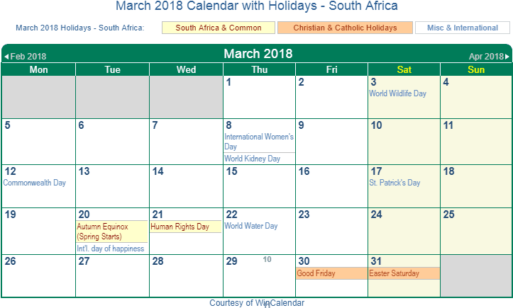 South Africa 2018 March Holidays Calendar - South African Religious Holidays 2017 (728x445), Png Download