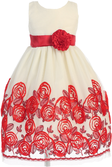 Sale Ivory Tulle & Red Floral Soutache Ribbon Girls - Lito Little Girls Red Satin Ribbon Roses Tulle Christmas (400x600), Png Download