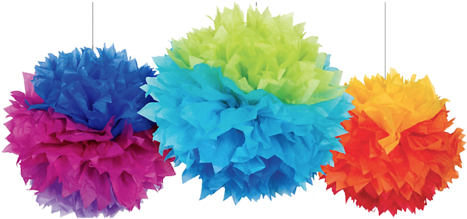 Fiesta Party Auckland Just Supplies Nz Rainbow - 3 Rainbow Puff Ball Decorations (479x267), Png Download