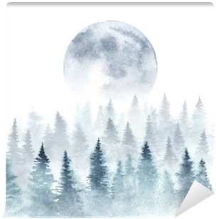 Landscape Of A Winter Forest And Rising Moon - Moon Watercolor Forest (400x400), Png Download