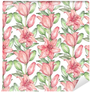 Seamless Pattern Of Pink Lilies - Drawing (400x400), Png Download