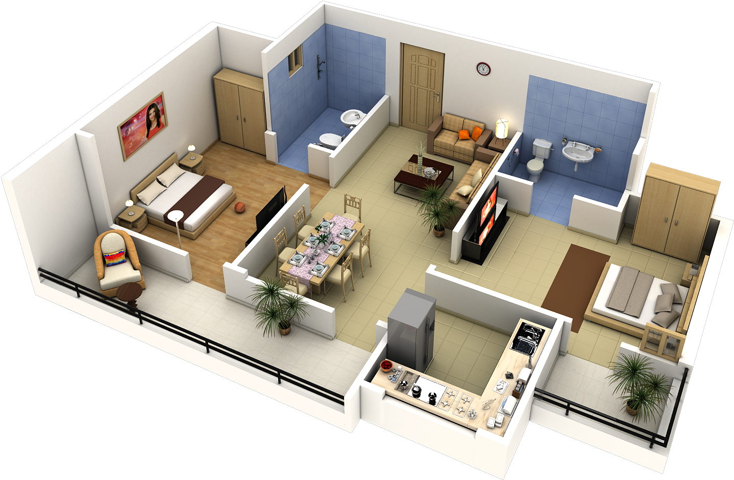 Excellent Floor Plans In 3d On Floor With - Two Bedroom Apartment Ideas (1500x1125), Png Download