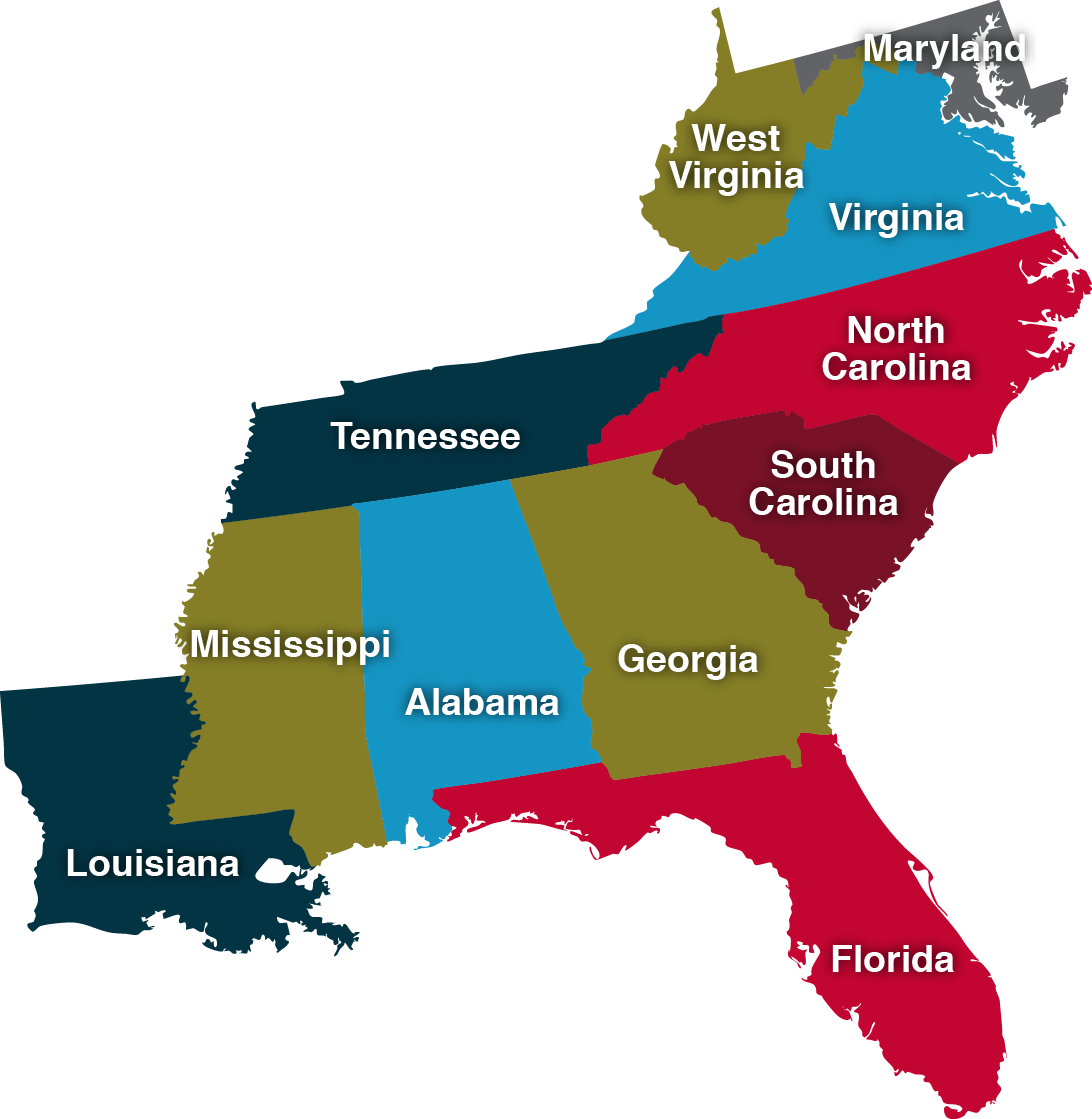 Service Area - Map Of Maryland To Florida (1092x1119), Png Download