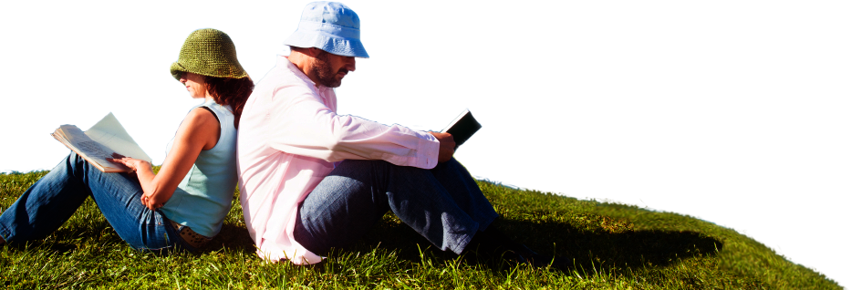 A Man And A Woman Sitting On The Grass Reading Books - People Read Book Png (933x318), Png Download