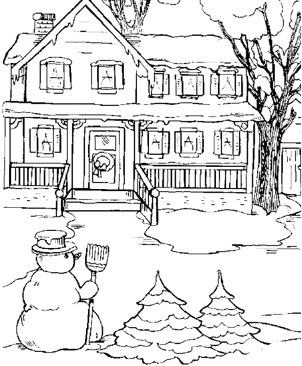 The State House In Snow Day Coloring Pages - House With Snow Drawing (600x726), Png Download