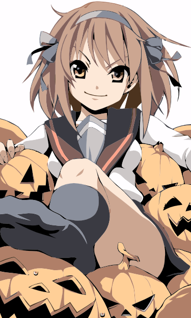 A Picture Of Haruhi Suzumiya Sitting On Some Pumpkins - Haruhi Suzumiya Happy Halloween (375x625), Png Download