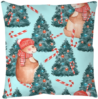 Watercolor Seamless Pattern With Teddy Bear And Fir - Christmas Day (400x400), Png Download