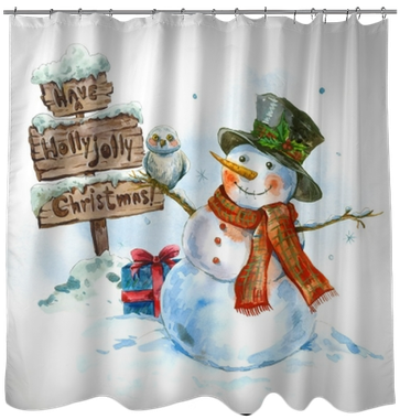 Watercolor Greeting Card With Snowman Shower Curtain - Watercolor Christmas Cards With Snowman (400x400), Png Download