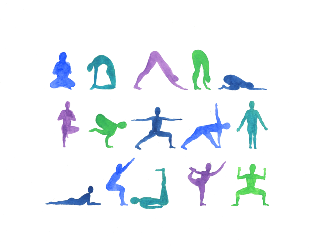 Yoga Pose Sequence Blue Watercolor Print - Yellow (1024x819), Png Download