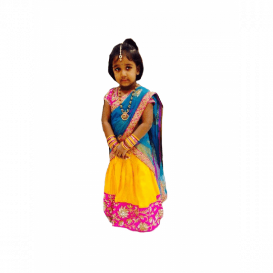 Yellow And Blue With Pink Blouse Kid Lehenga Voni - Half Saree For Baby Girl (540x540), Png Download