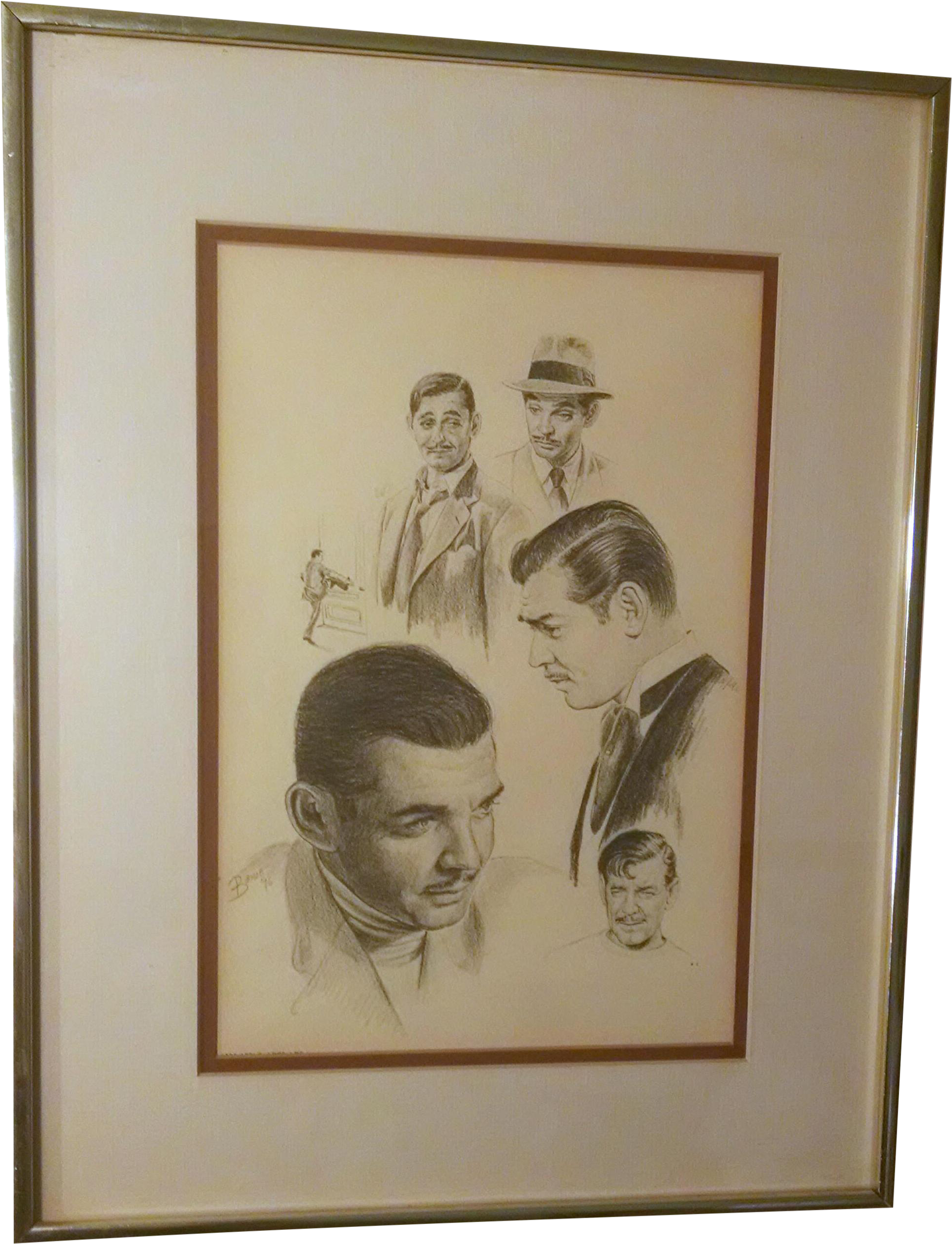 Charcoal Clark Gable Collage Drawing - Vintage Lithograph Drawing Clark Gable Glen Fortune (2152x2811), Png Download